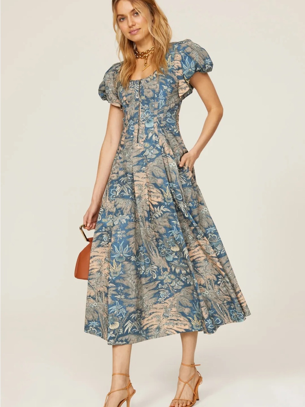 Ulla Johnson Blue and Cream Floral Puff-Sleeve Midi Dress